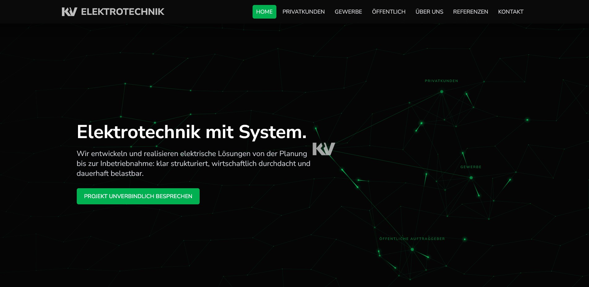 Webseiten-Hero mit schwarzem Hintergrund, grünem Netzwerk-Motiv und weißer Überschrift für Elektrotechnik-Dienstleistungen.